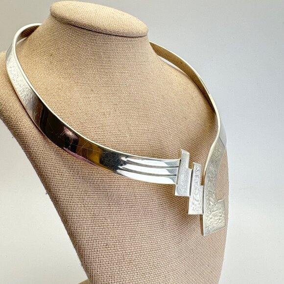 VTG Sterling Silver 925 Geometric Art Deco Stiff Collar Necklace 16" Fit - Picture 3 of 16